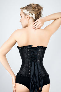 Black Brocade Sweetheart Corset With Ruffle Trim