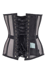 Midnight Sheer Mesh Corset – Shimmer Black Lace-Up Waist Cincher