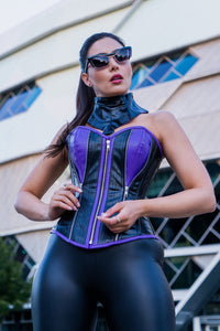 Corset Story EXS006 PVC Purple & Black Zipped Corset with Choker