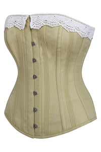 Historically Inspired Taupe Green Longline Corset with Lace Trim