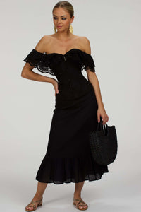 Corset Story SC-036 Alyssum Black Broderie Anglaise Cotton Corset Top with Double Frill Sleeves