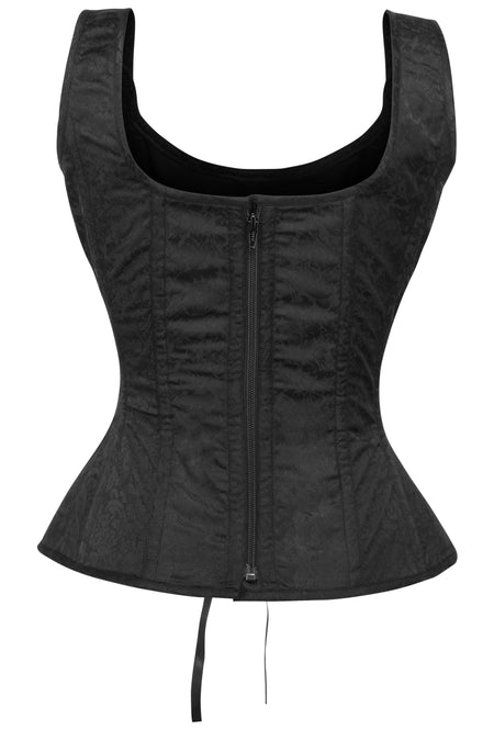 Corset Story BC-027 Black Brocade Overbust Corset with zip fastening and button detail straps